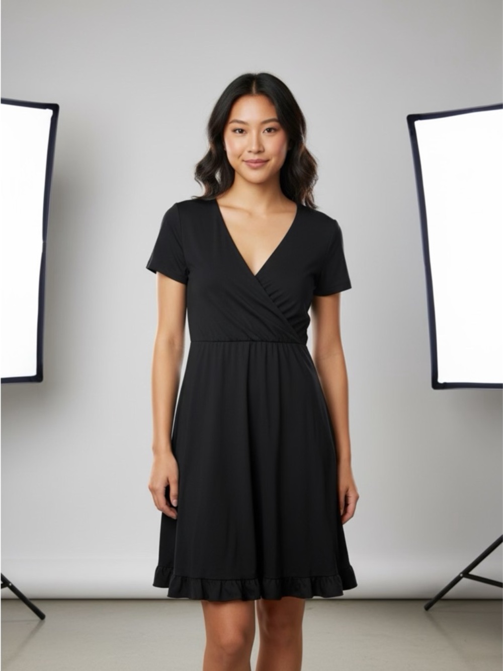 SO Black Short Sleeve Wrap-Style Mini Dress with Ruffle Hem